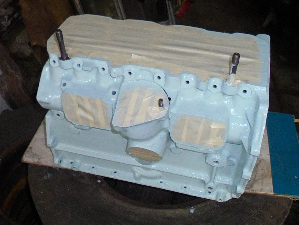 1965 series 2a station wagon engine block first coat of blue1.JPG