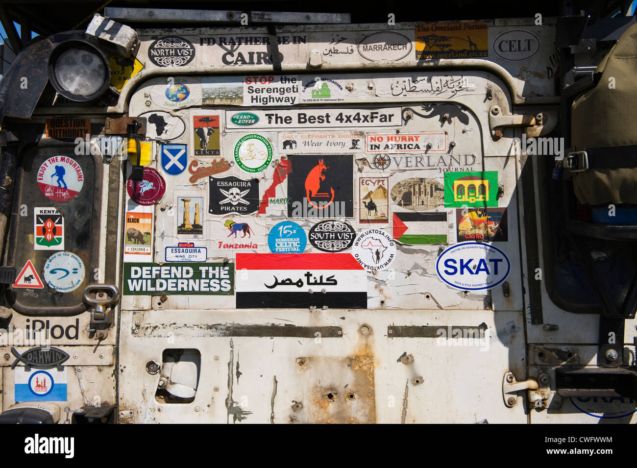 stickers-on-rear-of-4x4-land-rover-defender-expedition-vehicle-at-CWFWWM.jpg